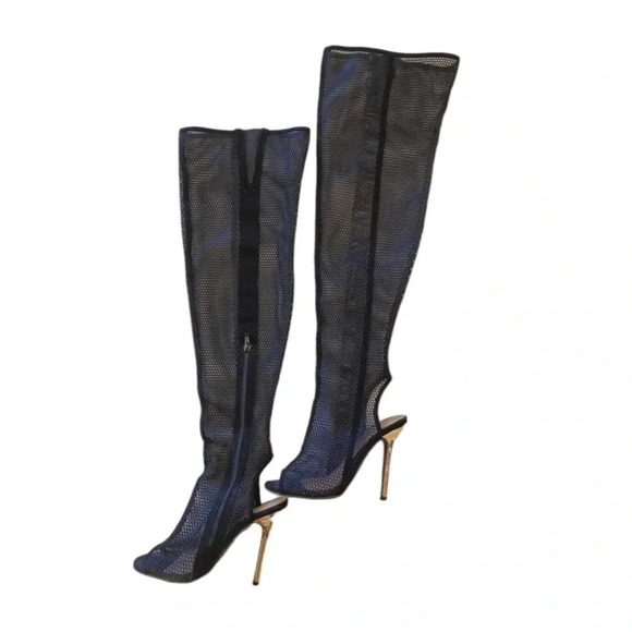 💥HOST PICK💥 Over The Knee Fishnet Peep Toe  Metallic Heels Boots Size 5.5 - Picture 1 of 12